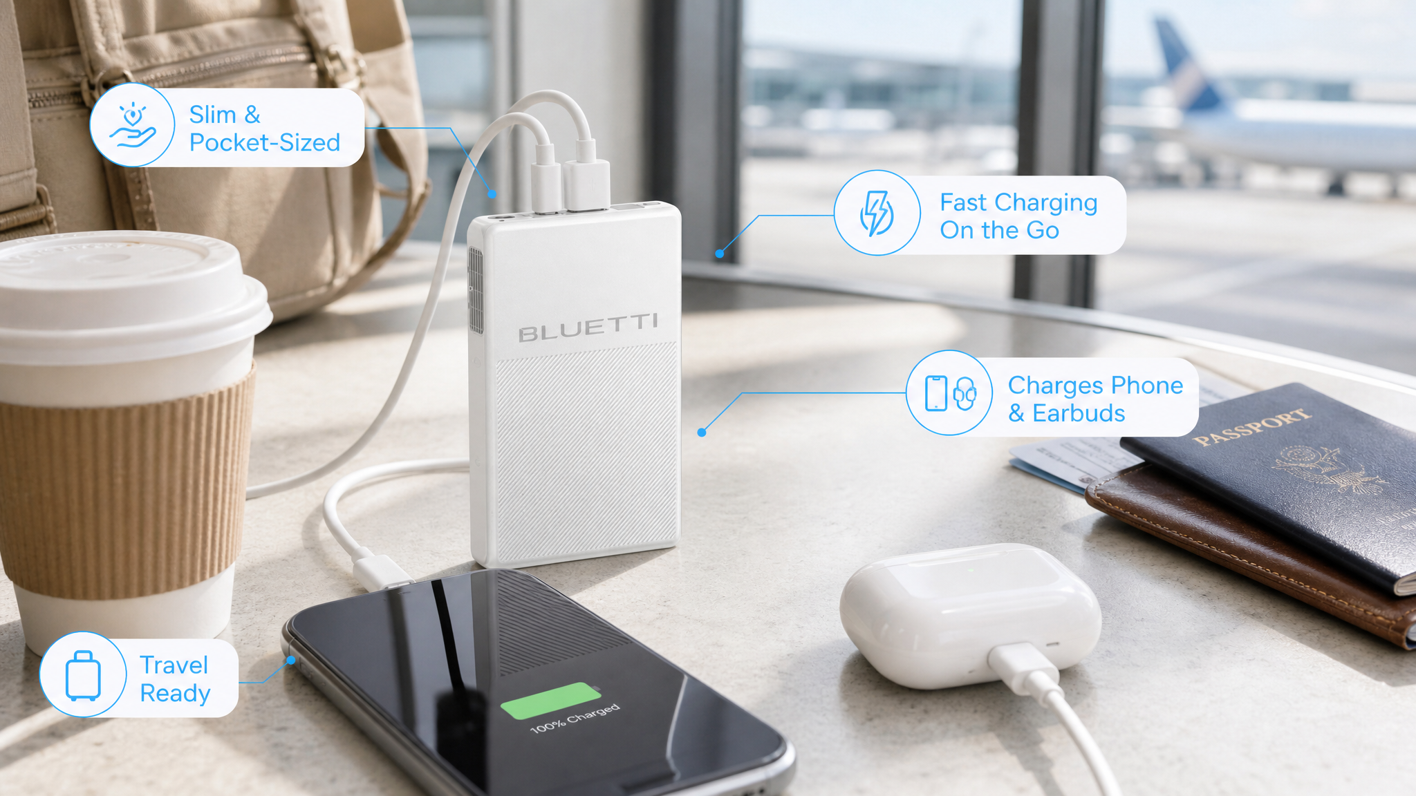 BLUETTI slim and pocket-sized portable power bank on a table, designed for travel, fast-charging a smartphone and wireless earbuds simultaneously.
