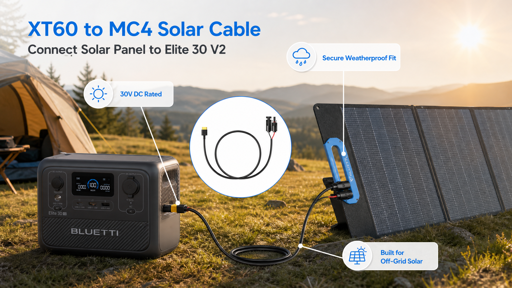BLUETTI XT60 to MC4 solar cable with 30V DC rating and secure weatherproof fit, connecting a foldable solar panel directly to the Elite 30 V2 portable power station outdoors.