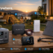 BLUETTI "Power Everywhere, Live Freely" complete outdoor and home power setup, showcasing 6 products including the Elite 30 portable power station, Charger 1 alternator charger, slim power bank, 100W solar panel, Bluetooth smart display, and XT60-to-MC4 cable.