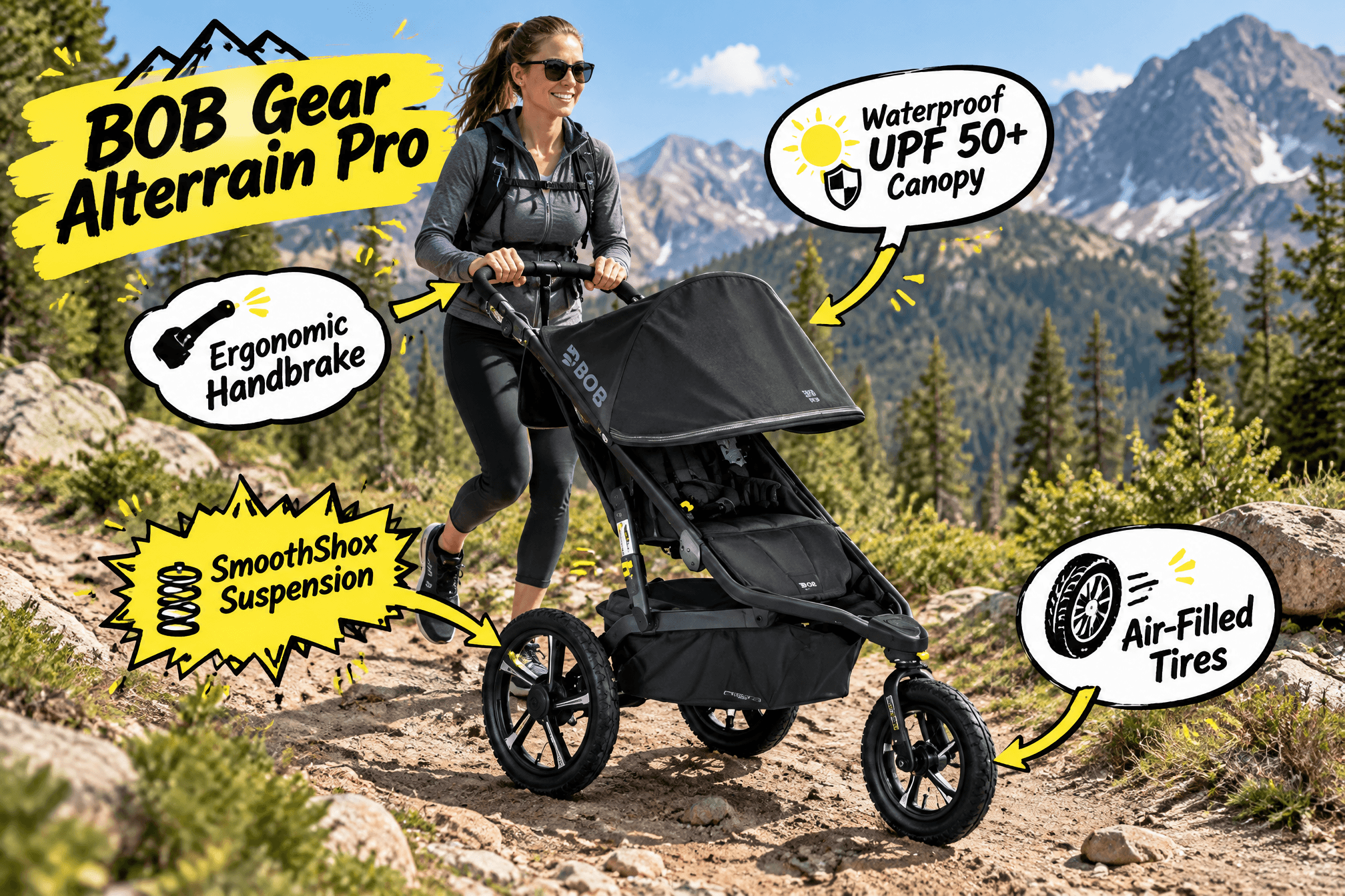Promotional image for the BOB Gear Alterrain Pro all-terrain jogging stroller. A woman jogs on a rugged mountain trail pushing a black three-wheeled stroller, with mountains and pine forest in the background. Yellow and white cartoon-style callouts point out off-road features including “SmoothShox Suspension,” “Air-Filled Tires,” “Waterproof UPF 50+ Canopy,” and “Ergonomic Handbrake.”