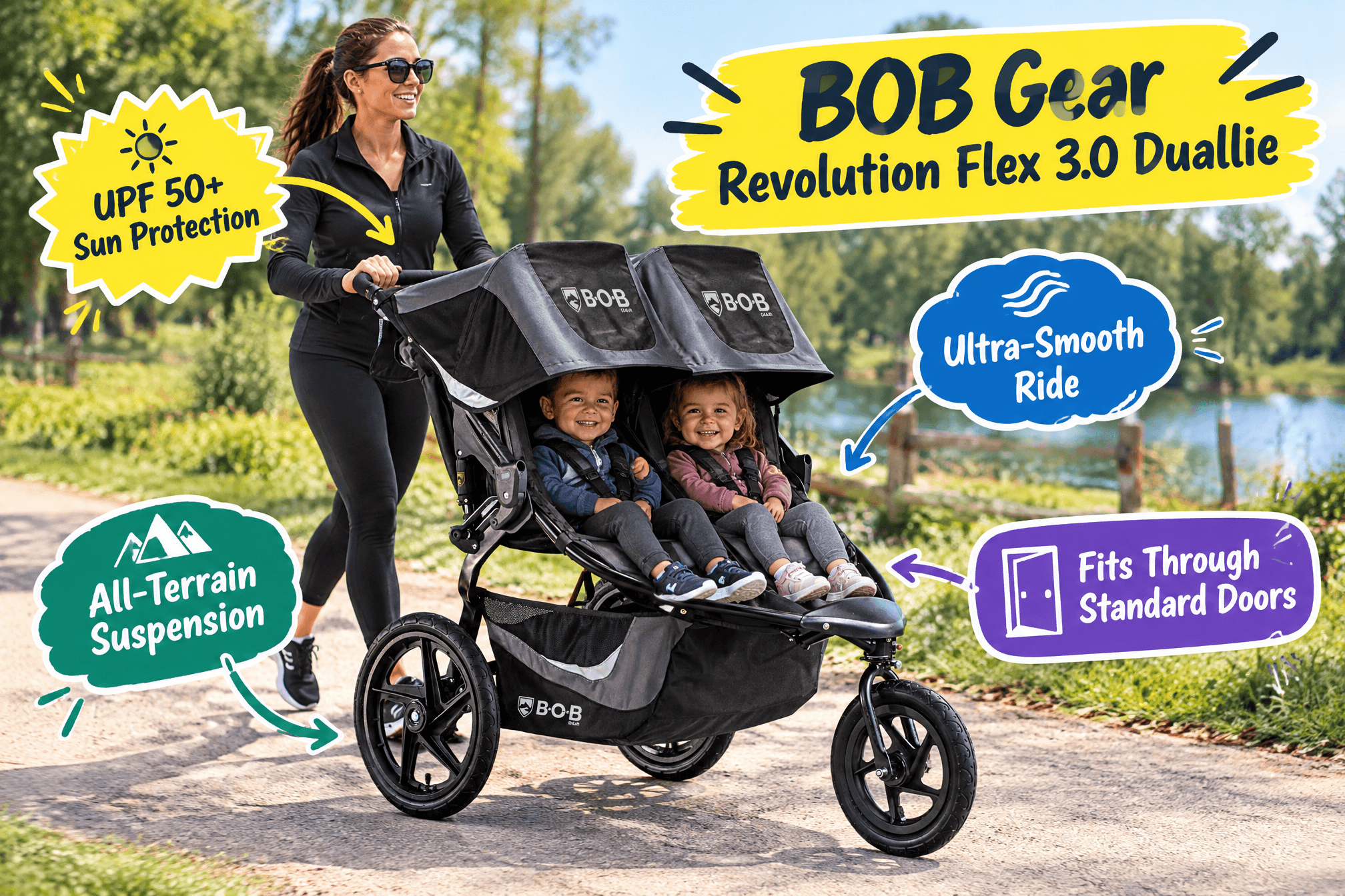 Promotional image for the BOB Gear Revolution Flex 3.0 Duallie double jogging stroller. A mother jogs along a sunny park path pushing a black double stroller with two toddlers, surrounded by colorful cartoon-style callouts highlighting “Ultra-Smooth Ride,” “All-Terrain Suspension,” “UPF 50+ Sun Protection,” and “Fits Through Standard Doors.”
