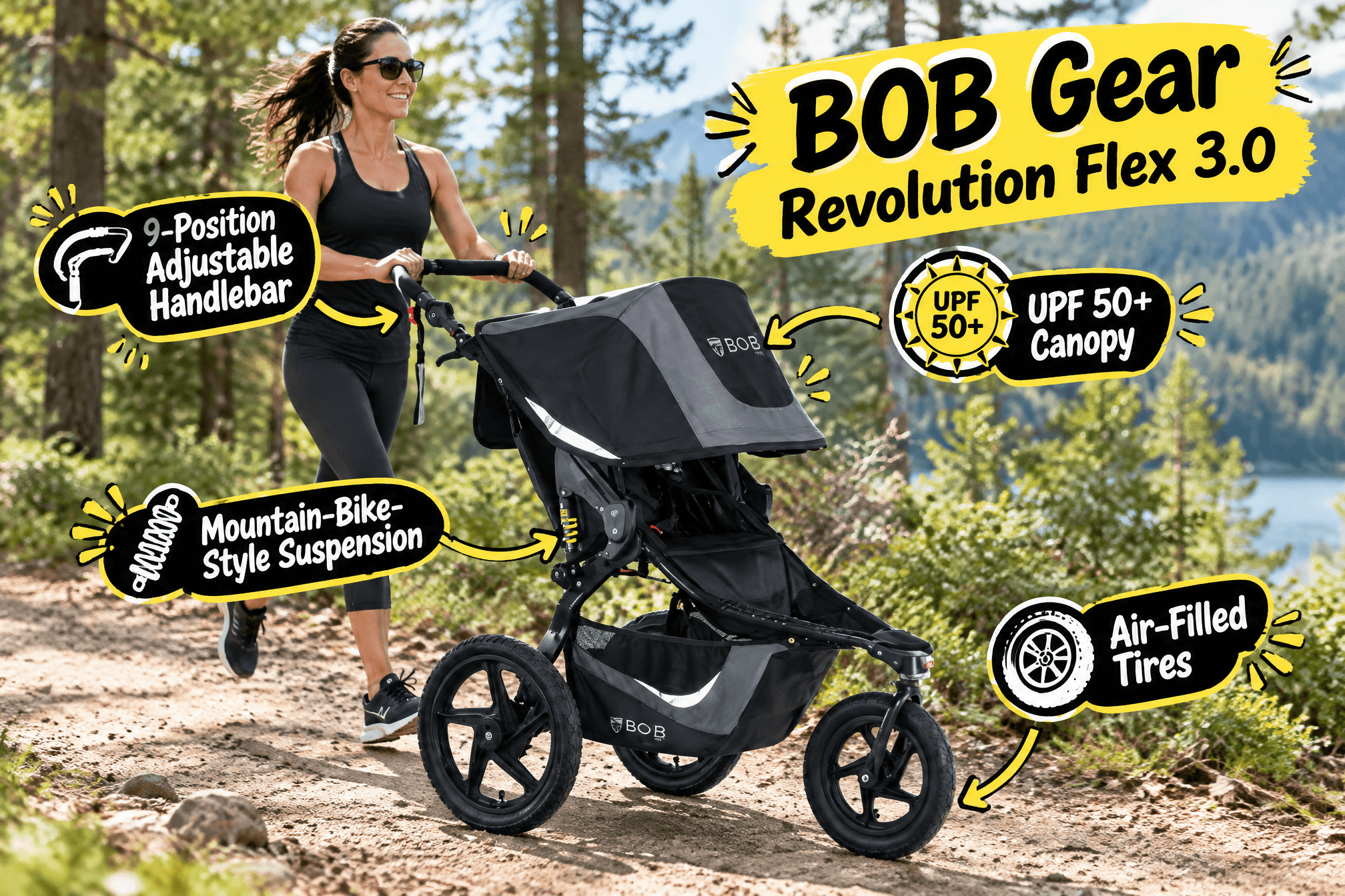 Feature-focused promotional image for the BOB Gear Revolution Flex 3.0 single jogging stroller. A woman jogs along a forest trail pushing a black stroller, with bright yellow cartoon-style callouts explaining key features such as “Mountain-Bike-Style Suspension,” “Air-Filled Tires,” “9-Position Adjustable Handlebar,” and “UPF 50+ Canopy,” conveying a healthy, energetic outdoor lifestyle.