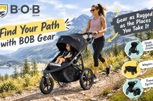 A BOB Gear brand promotional banner showing a mother jogging along a mountain trail with lakes and mountains in the background, pushing a BOB Gear three-wheeled stroller with a toddler inside. Hand-drawn English slogans and cartoon markers highlight the tagline “Find Your Path with BOB Gear” and product lines (single & Duallie strollers, wagons, travel systems), creating a bright, active, outdoor-adventure mood.