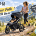 A BOB Gear brand promotional banner showing a mother jogging along a mountain trail with lakes and mountains in the background, pushing a BOB Gear three-wheeled stroller with a toddler inside. Hand-drawn English slogans and cartoon markers highlight the tagline “Find Your Path with BOB Gear” and product lines (single & Duallie strollers, wagons, travel systems), creating a bright, active, outdoor-adventure mood.