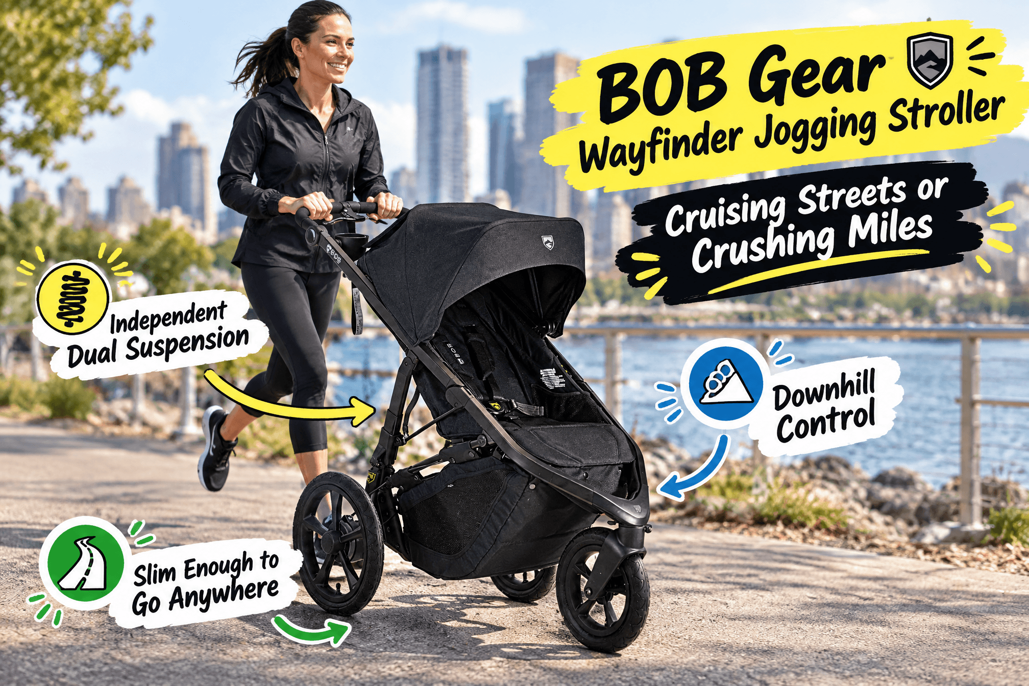 Promotional image for the BOB Gear Wayfinder jogging stroller. A woman jogs along a waterside path with a city skyline in the background, pushing a black Wayfinder three-wheeled stroller. Hand-drawn text bubbles and arrows highlight selling points such as “Cruising Streets or Crushing Miles,” “Independent Dual Suspension,” “Downhill Control,” and “Slim Enough to Go Anywhere.”