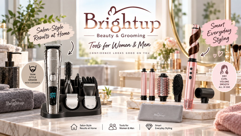 Brightup Beauty & Grooming tools promotional image featuring a men's silver multi-functional trimmer kit and a women's pink multi-functional hair styler kit on a bright bathroom vanity. Prominent text reads 'Salon-Style Results at Home' and 'Smart Everyday Styling'.