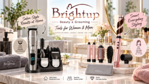Brightup Beauty & Grooming tools promotional image featuring a men's silver multi-functional trimmer kit and a women's pink multi-functional hair styler kit on a bright bathroom vanity. Prominent text reads 'Salon-Style Results at Home' and 'Smart Everyday Styling'.