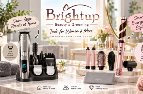 Brightup Beauty & Grooming tools promotional image featuring a men's silver multi-functional trimmer kit and a women's pink multi-functional hair styler kit on a bright bathroom vanity. Prominent text reads 'Salon-Style Results at Home' and 'Smart Everyday Styling'.
