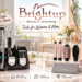 Brightup Beauty & Grooming tools promotional image featuring a men's silver multi-functional trimmer kit and a women's pink multi-functional hair styler kit on a bright bathroom vanity. Prominent text reads 'Salon-Style Results at Home' and 'Smart Everyday Styling'.