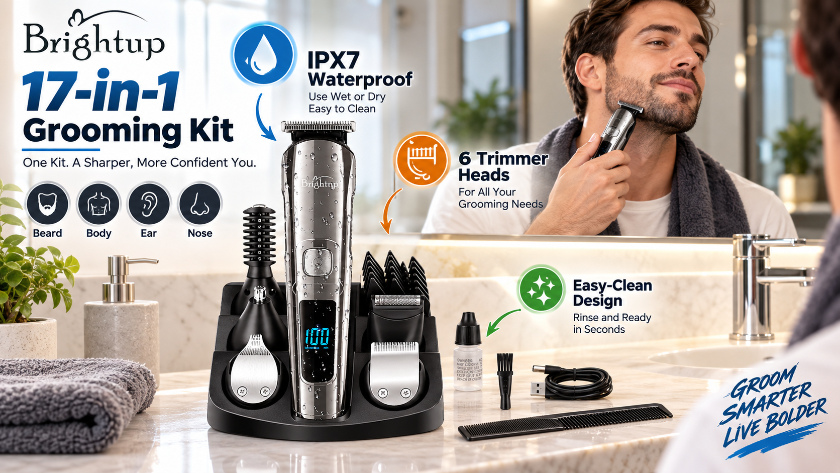 Brightup 17-in-1 Grooming Kit promotional image. The left side shows the silver waterproof trimmer with all 17 attachments on a stand, including 6 trimmer heads. The right side features a man using the trimmer in a bathroom mirror. Text highlights IPX7 waterproof and easy-clean design.