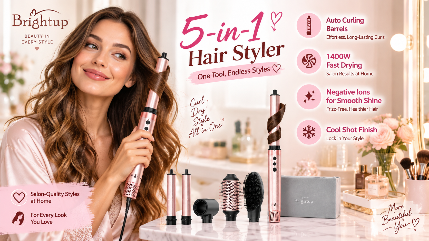 Brightup 5-in-1 Hair Styler promotional image. On the left, a woman with long hair uses the pink styler to curl her hair. The right side displays the tool with all attachments (barrels, dryer, brushes) and a gray storage bag. Text lists key features like auto curling and negative ions.