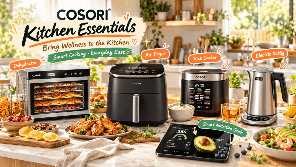 COSORI kitchen essentials displayed in a bright modern kitchen, including a food dehydrator, TurboBlaze air fryer, rice cooker, stainless steel electric kettle, and smart nutrition scale, surrounded by fresh meals and ingredients with playful product labels and “Smart Cooking • Everyday Ease” graphics.