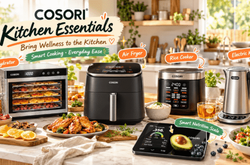 COSORI kitchen essentials displayed in a bright modern kitchen, including a food dehydrator, TurboBlaze air fryer, rice cooker, stainless steel electric kettle, and smart nutrition scale, surrounded by fresh meals and ingredients with playful product labels and “Smart Cooking • Everyday Ease” graphics.