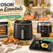 COSORI kitchen essentials displayed in a bright modern kitchen, including a food dehydrator, TurboBlaze air fryer, rice cooker, stainless steel electric kettle, and smart nutrition scale, surrounded by fresh meals and ingredients with playful product labels and “Smart Cooking • Everyday Ease” graphics.