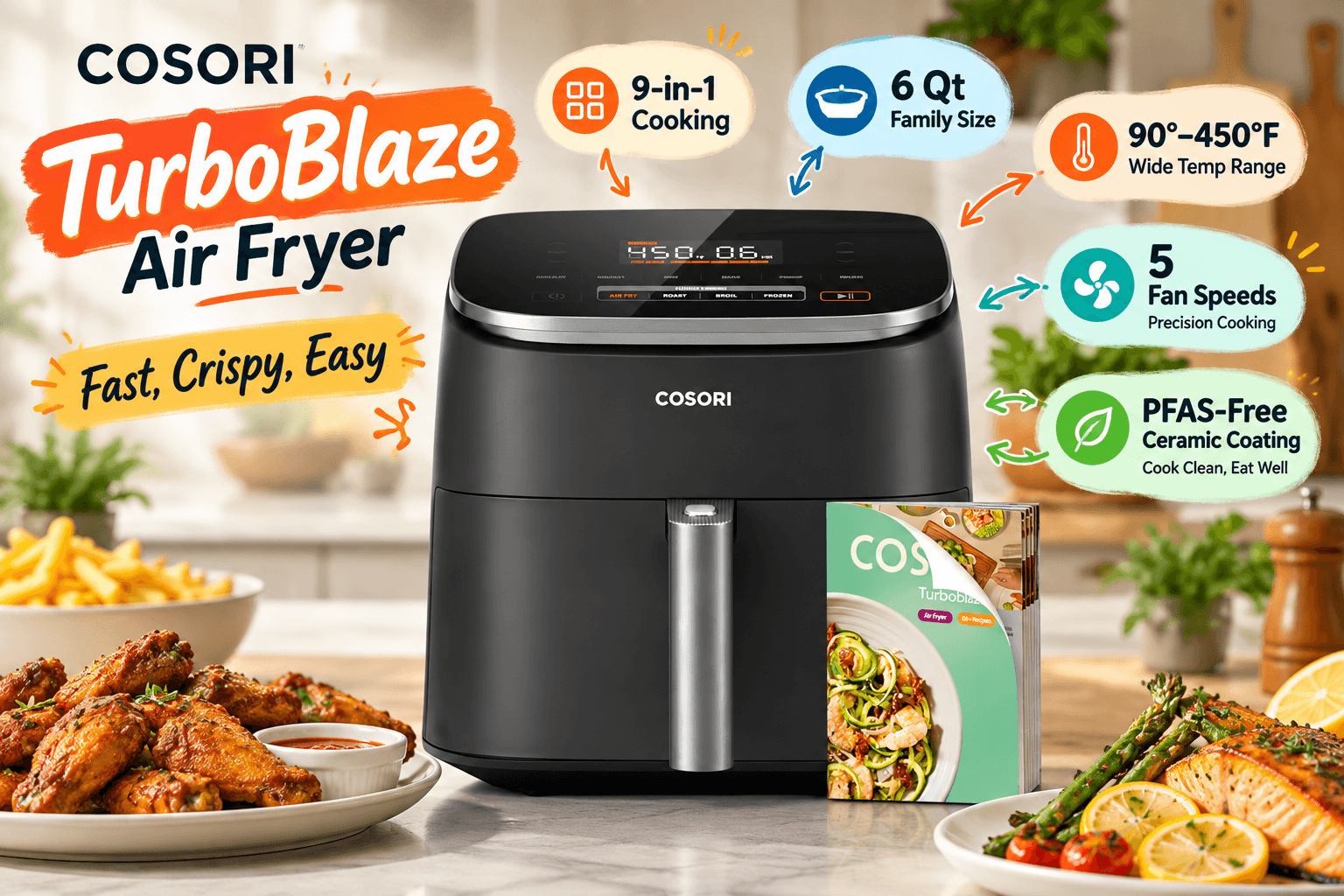 COSORI TurboBlaze black air fryer on a warm kitchen counter with chicken wings, fries, salmon, and a recipe booklet. Colorful callouts highlight 9-in-1 cooking, 6 Qt capacity, 90°–450°F temperature range, 5 fan speeds, and PFAS-free ceramic coating.