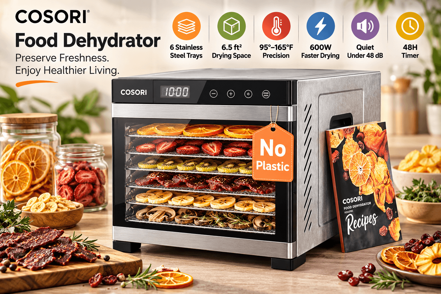 COSORI stainless steel food dehydrator filled with six trays of oranges, strawberries, kiwi, jerky, bananas, and herbs in a bright kitchen. Feature graphics highlight 6 stainless steel trays, 6.5 ft² drying space, 95°–165°F control, 600W power, under 48 dB operation, and a 48-hour timer.
