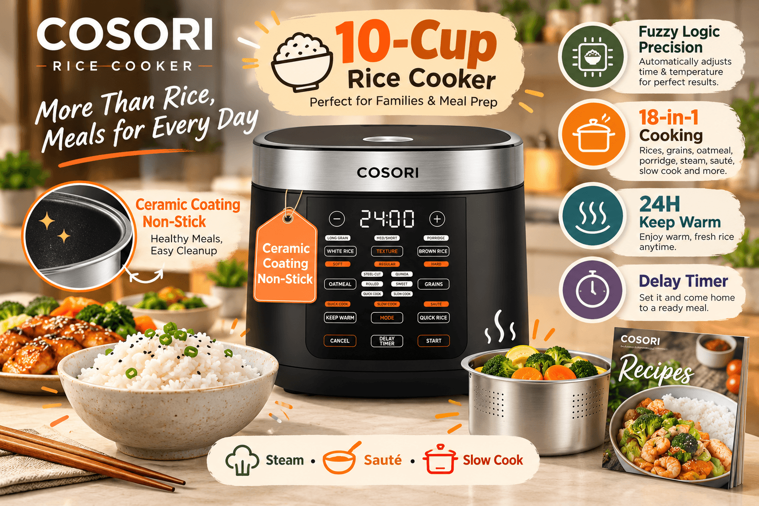 COSORI black 10-cup rice cooker in a cozy kitchen with a bowl of rice, steamed vegetables, and recipe booklet. Graphic callouts highlight fuzzy logic precision, 18-in-1 cooking, ceramic non-stick coating, 24-hour keep warm, delay timer, and steam, sauté, and slow cook functions.