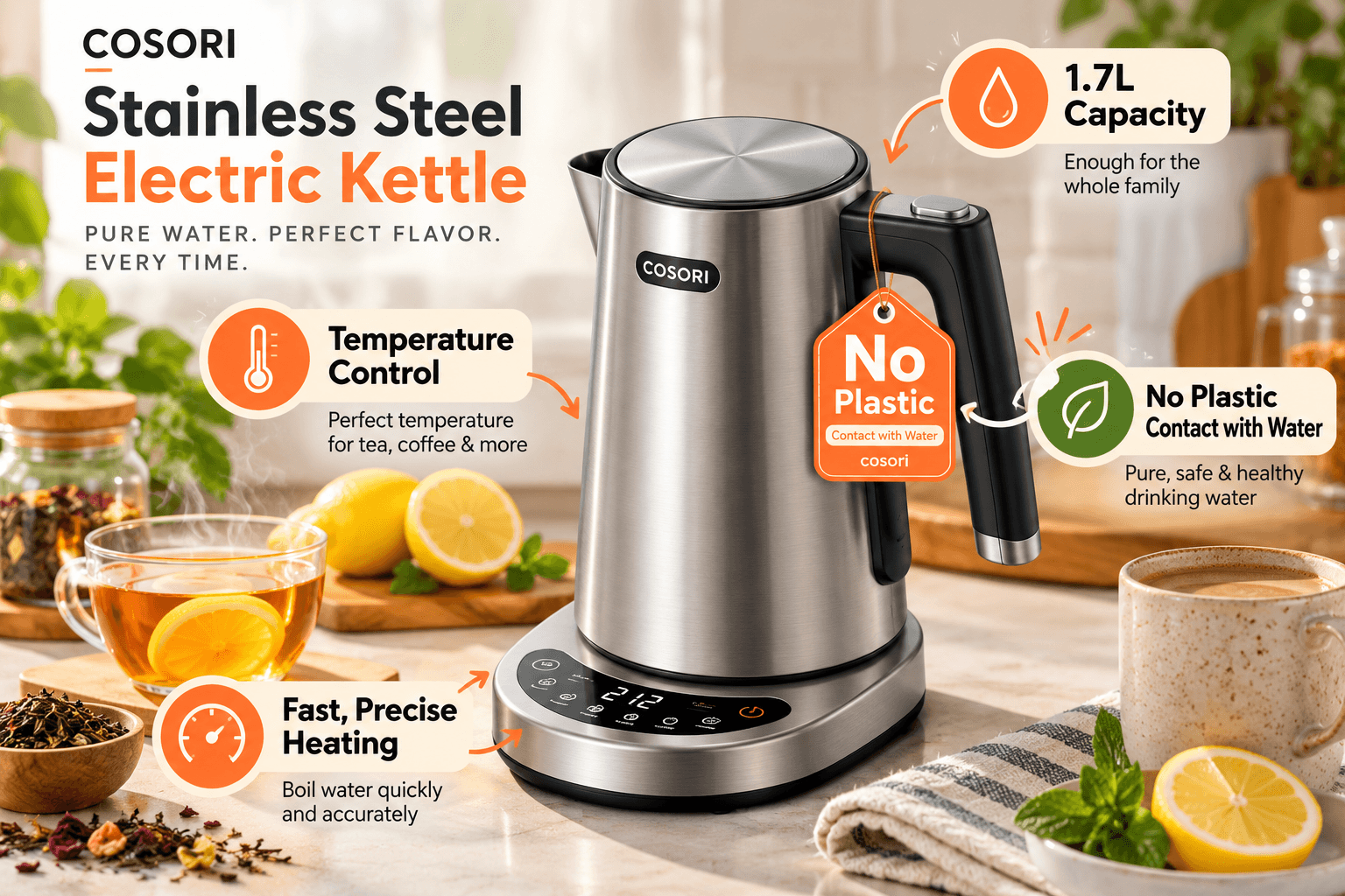 COSORI stainless steel electric kettle in a warm tea and coffee preparation scene with hot tea, lemons, herbs, and a ceramic mug. Graphic callouts highlight 1.7L capacity, temperature control, no plastic contact with water, and fast, precise heating.