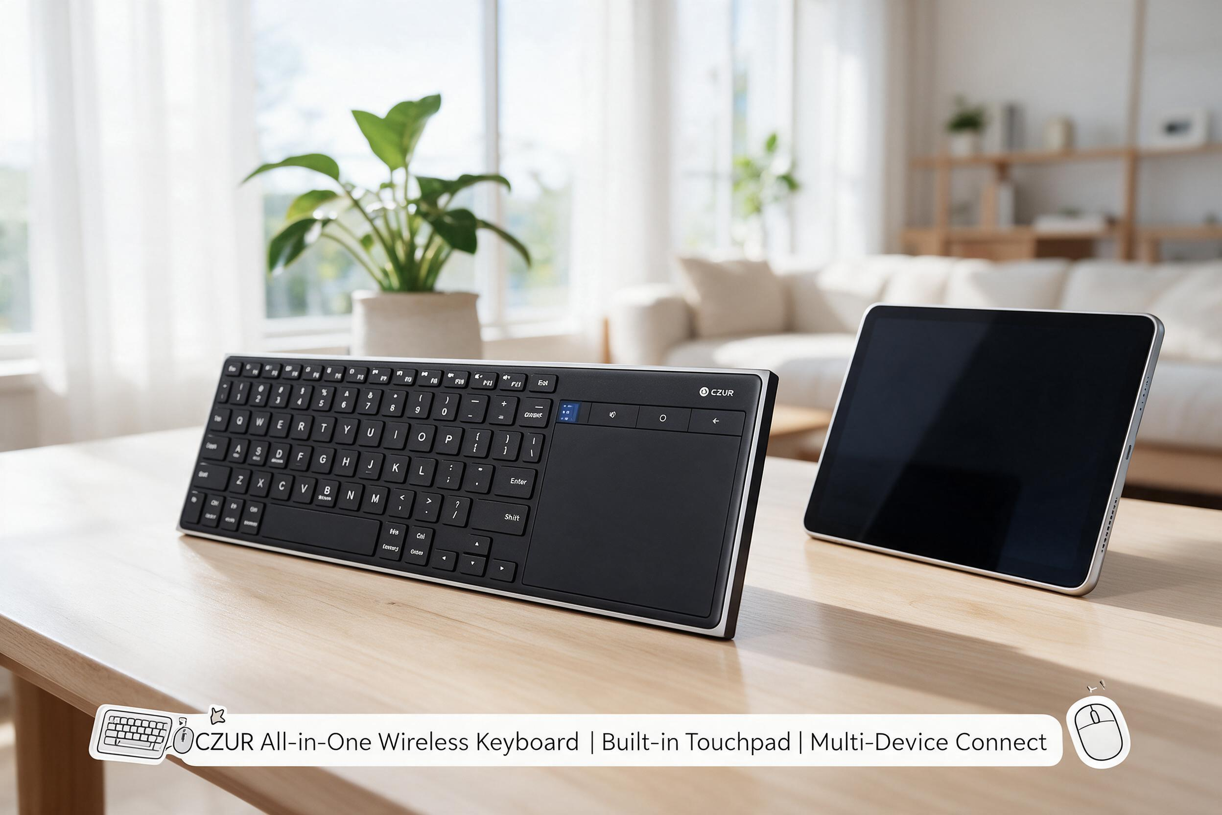 A CZUR All-in-One Wireless Keyboard with a built-in touchpad is displayed on a wooden table in a brightly lit living room or home office, standing next to a tablet computer.