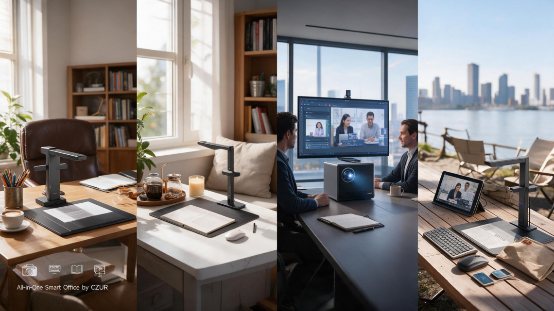 A four-panel vertical photo collage showing CZUR All-in-One Smart Office products being used in four different settings: a home library, a modern home study, a corporate conference room during a meeting, and an outdoor park by a river with a city skyline.