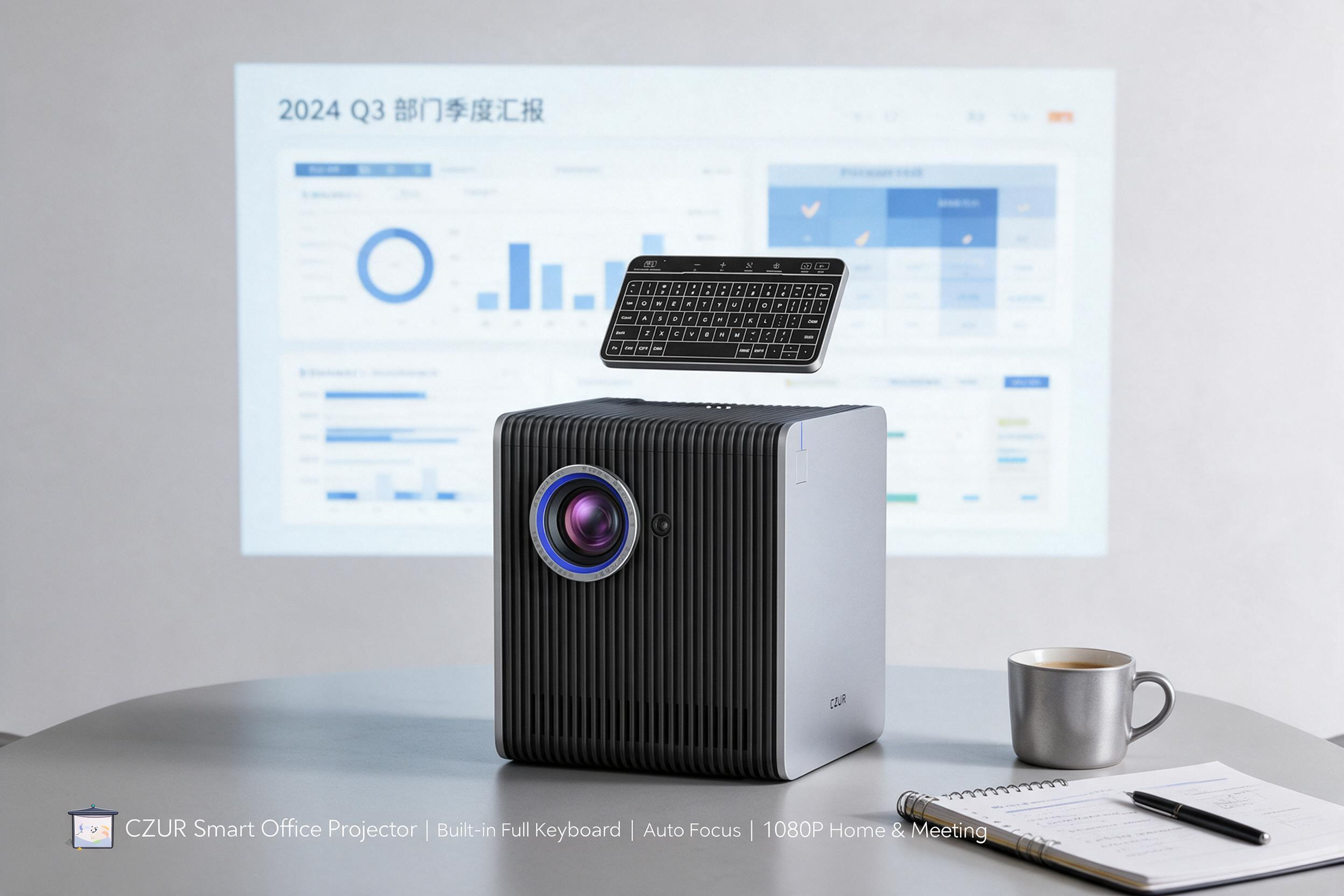 A CZUR Smart Office Projector on an office desk with a holographic full keyboard floating above it. In the background, a screen projects a "2024 Q3 Department Quarterly Report" with various charts.