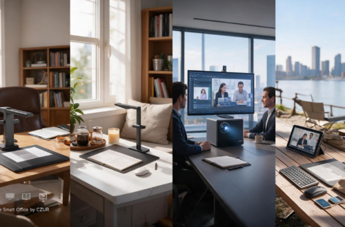 A four-panel vertical photo collage showing CZUR All-in-One Smart Office products being used in four different settings: a home library, a modern home study, a corporate conference room during a meeting, and an outdoor park by a river with a city skyline.