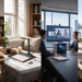 A four-panel vertical photo collage showing CZUR All-in-One Smart Office products being used in four different settings: a home library, a modern home study, a corporate conference room during a meeting, and an outdoor park by a river with a city skyline.