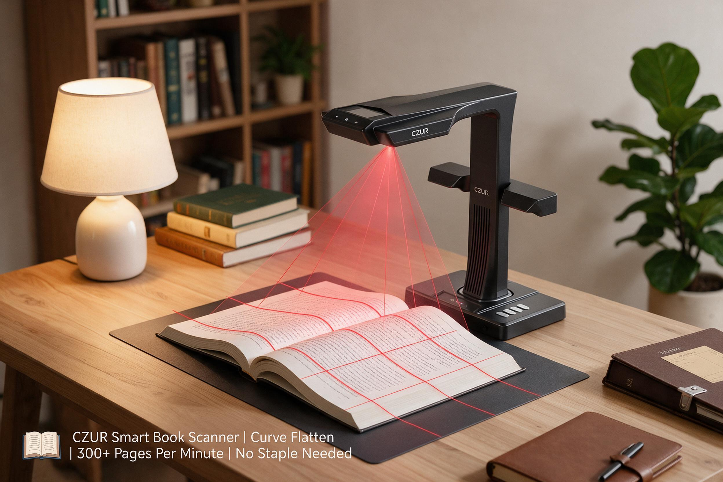 A CZUR Smart Book Scanner in action, using a red laser grid to scan an open book on a wooden desk. A desk lamp and a bookshelf with plants are in the background.