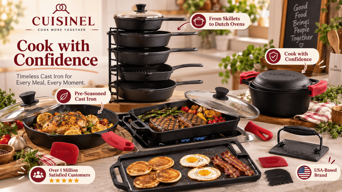 Cuisinel cast iron cookware collection displayed in a warm kitchen, featuring skillets, grill pans, a Dutch oven, griddle, pan organizer and accessories with freshly cooked meals and promotional callouts.