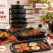 Cuisinel cast iron cookware collection displayed in a warm kitchen, featuring skillets, grill pans, a Dutch oven, griddle, pan organizer and accessories with freshly cooked meals and promotional callouts.