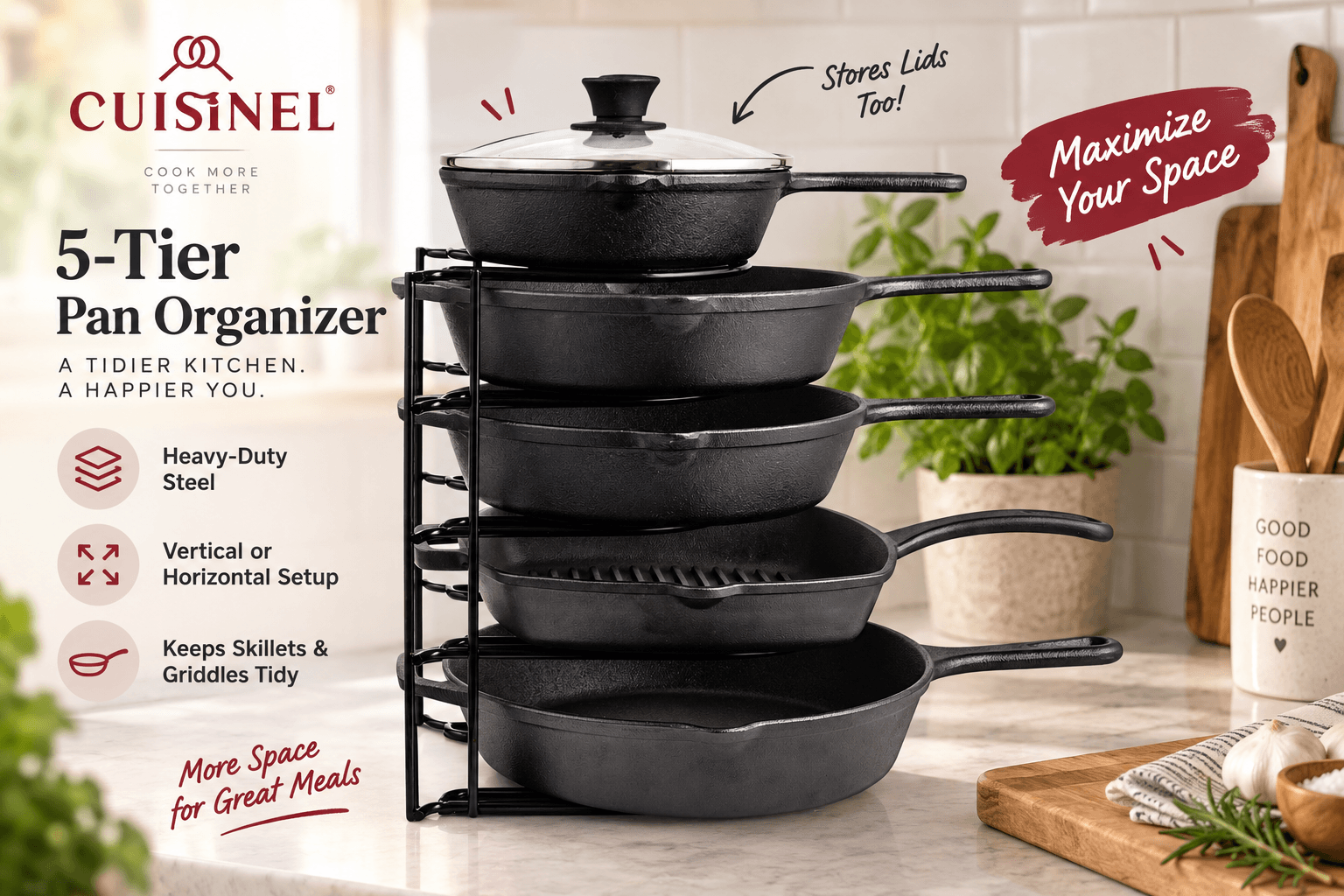 Cuisinel 5-tier heavy-duty pan organizer neatly holding multiple cast iron skillets and a lidded pan on a kitchen counter, highlighting vertical or horizontal setup and space-saving organization.