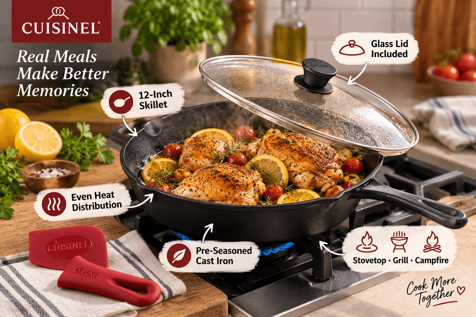 Cuisinel 12-inch pre-seasoned cast iron skillet cooking golden chicken, tomatoes and lemon on a stovetop, with a glass lid, red silicone handle holder and scraper shown alongside feature callouts.