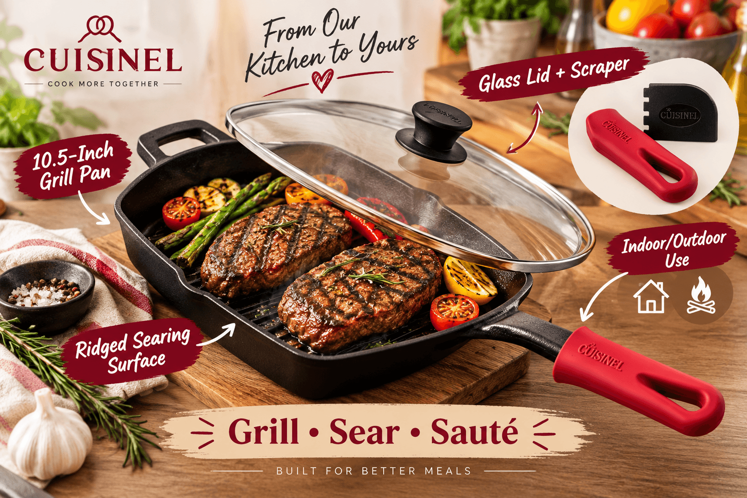 Cuisinel 10.5-inch square cast iron grill pan filled with grilled steaks and vegetables in a warm kitchen setting, featuring a glass lid, ridged searing surface, scraper and red silicone handle holder.