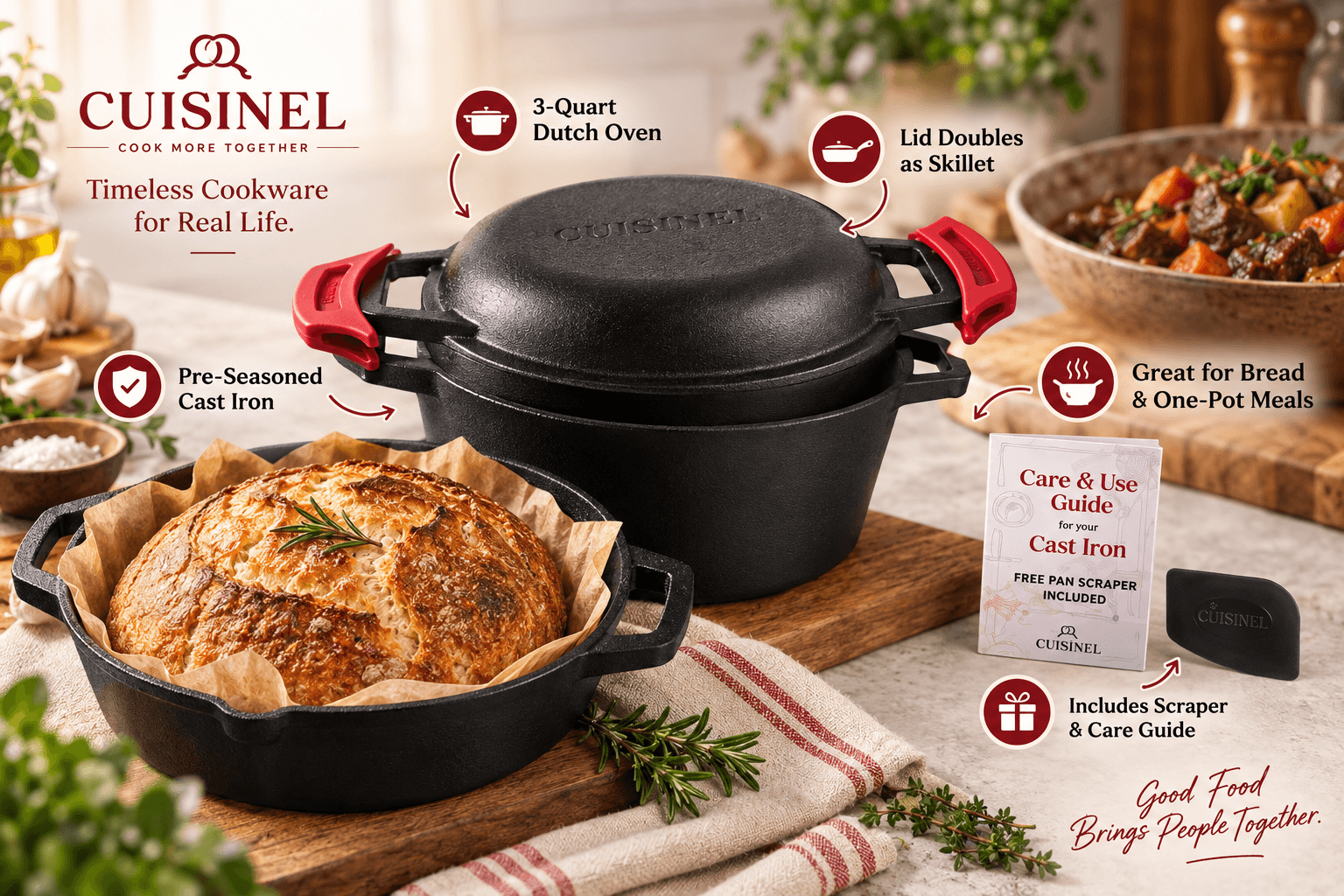 Cuisinel 3-quart pre-seasoned cast iron Dutch oven and 2-in-1 combo cooker displayed with freshly baked artisan bread, red silicone handle covers, scraper and care guide in a cozy kitchen.