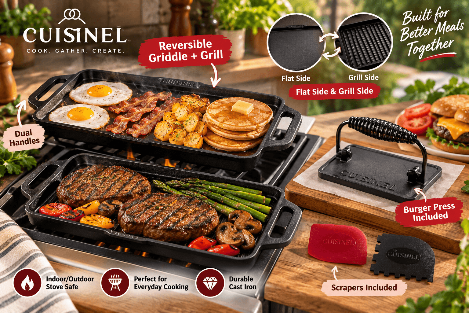 Cuisinel reversible cast iron griddle and grill cooking pancakes, eggs, bacon, steaks and vegetables, with dual handles, burger press and scrapers displayed in a realistic indoor-outdoor cooking scene.