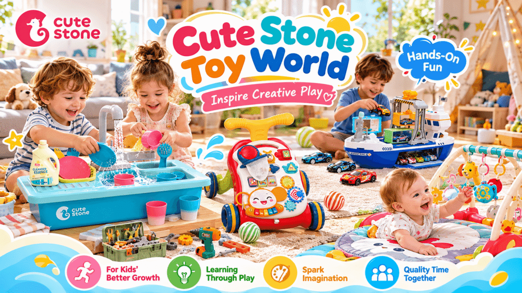 CUTE STONE brand promotional scene featuring children playing with a toy kitchen sink, learning walker, cargo ship and crane set, baby play gym, and tool set in a bright family playroom. Colorful callouts read “Cute Stone Toy World,” “Inspire Creative Play,” and “Hands-On Fun,” highlighting learning through play, imagination, and family fun.