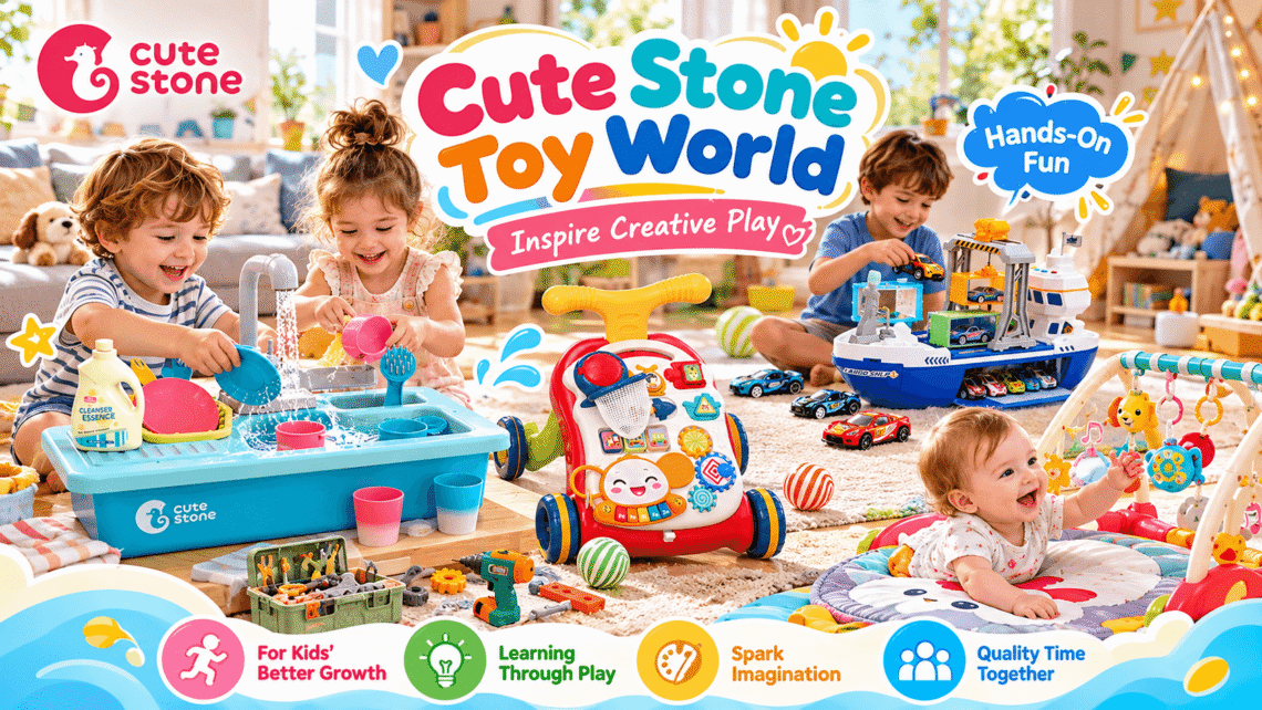 CUTE STONE brand promotional scene featuring children playing with a toy kitchen sink, learning walker, cargo ship and crane set, baby play gym, and tool set in a bright family playroom. Colorful callouts read “Cute Stone Toy World,” “Inspire Creative Play,” and “Hands-On Fun,” highlighting learning through play, imagination, and family fun.