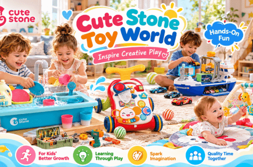 CUTE STONE brand promotional scene featuring children playing with a toy kitchen sink, learning walker, cargo ship and crane set, baby play gym, and tool set in a bright family playroom. Colorful callouts read “Cute Stone Toy World,” “Inspire Creative Play,” and “Hands-On Fun,” highlighting learning through play, imagination, and family fun.