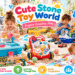 CUTE STONE brand promotional scene featuring children playing with a toy kitchen sink, learning walker, cargo ship and crane set, baby play gym, and tool set in a bright family playroom. Colorful callouts read “Cute Stone Toy World,” “Inspire Creative Play,” and “Hands-On Fun,” highlighting learning through play, imagination, and family fun.