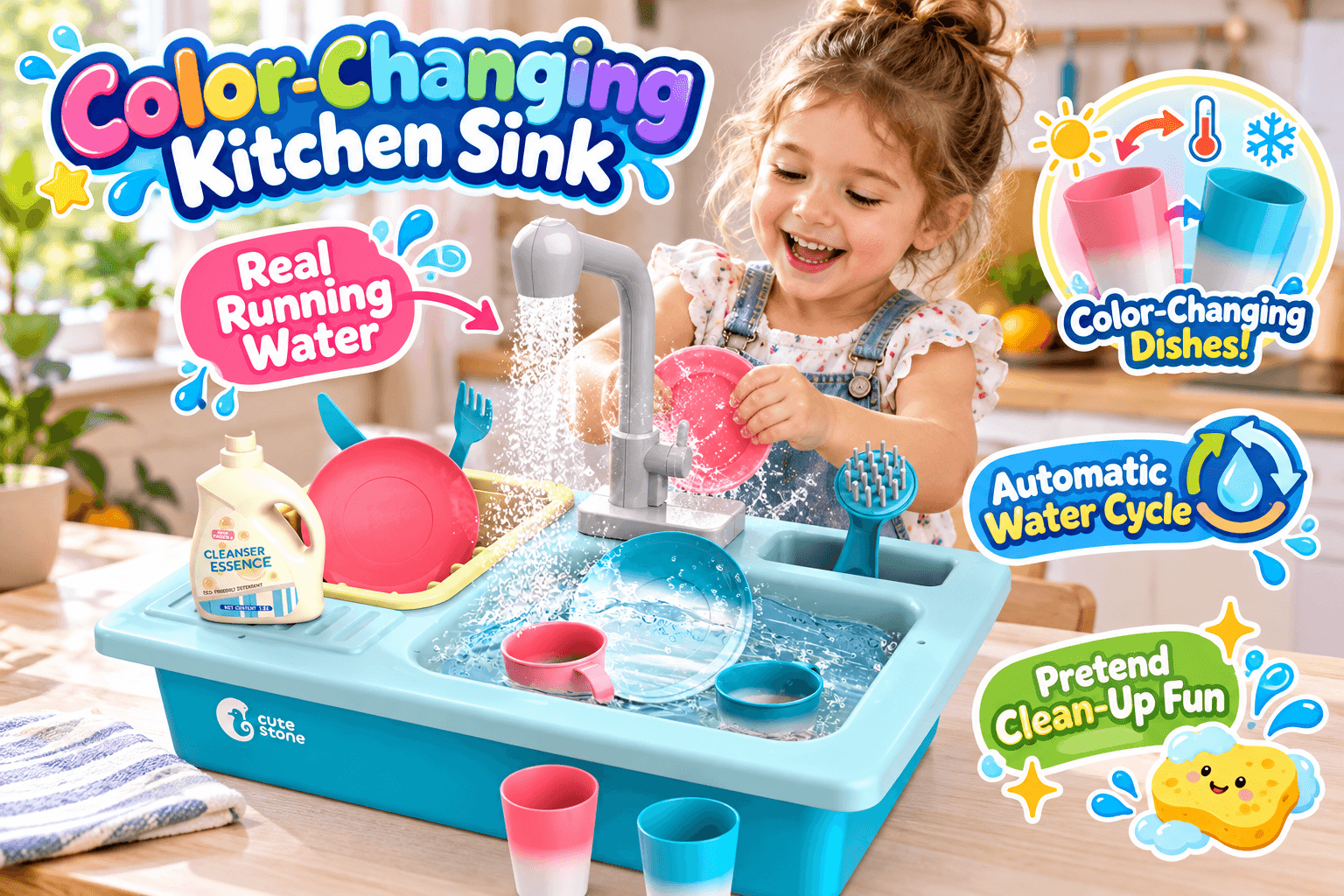 CUTE STONE color-changing kitchen sink toy shown in a realistic home kitchen as a smiling girl washes a pink plate under the working faucet. The turquoise sink includes colorful dishes and cleaning accessories, with playful callouts for âReal Running Water,â âColor-Changing Dishes,â âAutomatic Water Cycle,â and âPretend Clean-Up Fun.â