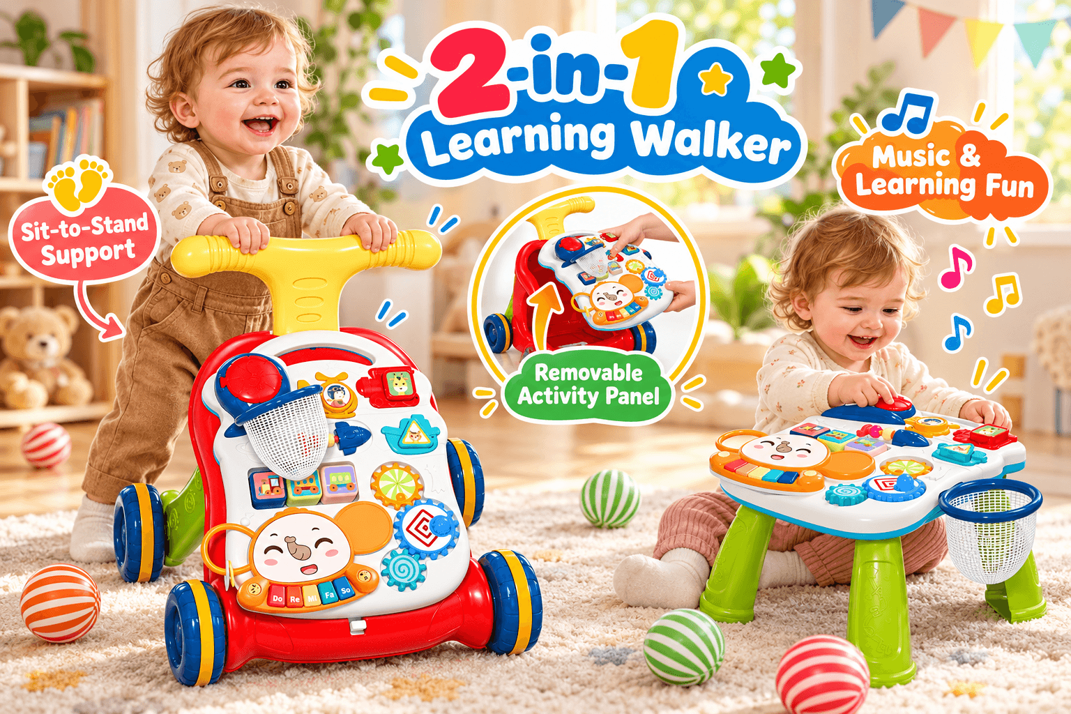 CUTE STONE 2-in-1 learning walker displayed in a cozy playroom, with a toddler holding the yellow handle for sit-to-stand support and another child playing with the removable activity panel as a table. Feature callouts highlight âSit-to-Stand Support,â âRemovable Activity Panel,â and âMusic & Learning Fun.â