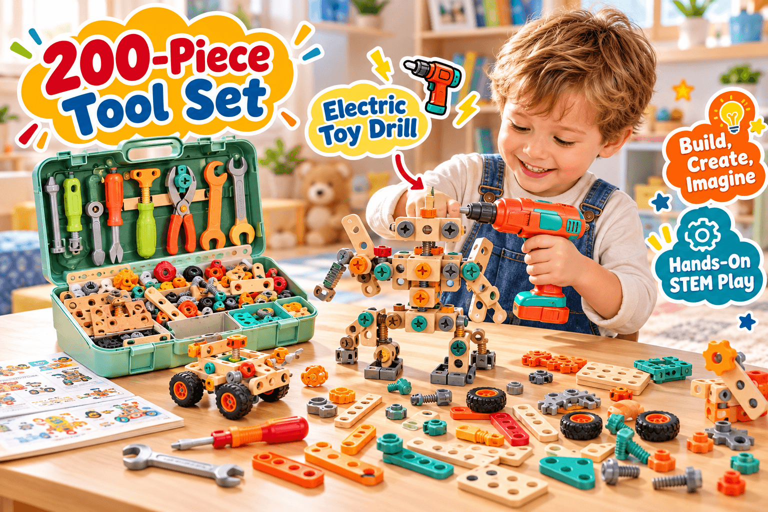 CUTE STONE 200-piece toddler tool set shown with a smiling child using an orange electric toy drill to build a robot model. An open green tool case contains toy wrenches, screwdrivers, nuts, bolts, wheels, and building pieces, with callouts for âElectric Toy Drill,â âBuild, Create, Imagine,â and âHands-On STEM Play.â