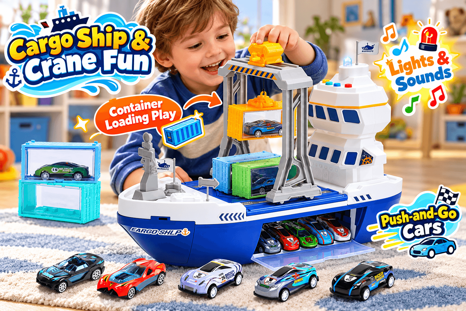 CUTE STONE cargo ship and gantry crane playset shown in a bright playroom as a child loads containers and toy cars with the crane. The blue-and-white ship includes colorful vehicles, containers, and a garage area, with callouts for âContainer Loading Play,â âLights & Sounds,â and âPush-and-Go Cars.â