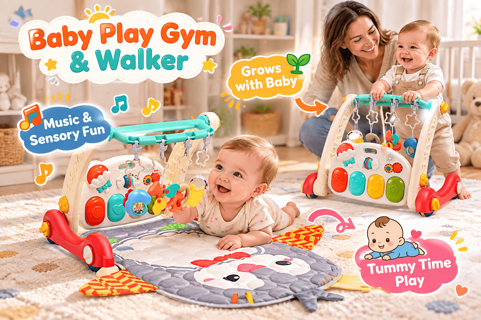 CUTE STONE baby play gym and learning walker shown in a warm nursery. A smiling baby enjoys tummy time on the animal-themed mat while reaching for hanging sensory toys, and another baby practices standing with the walker beside a parent. Callouts highlight âGrows with Baby,â âMusic & Sensory Fun,â and âTummy Time Play.â