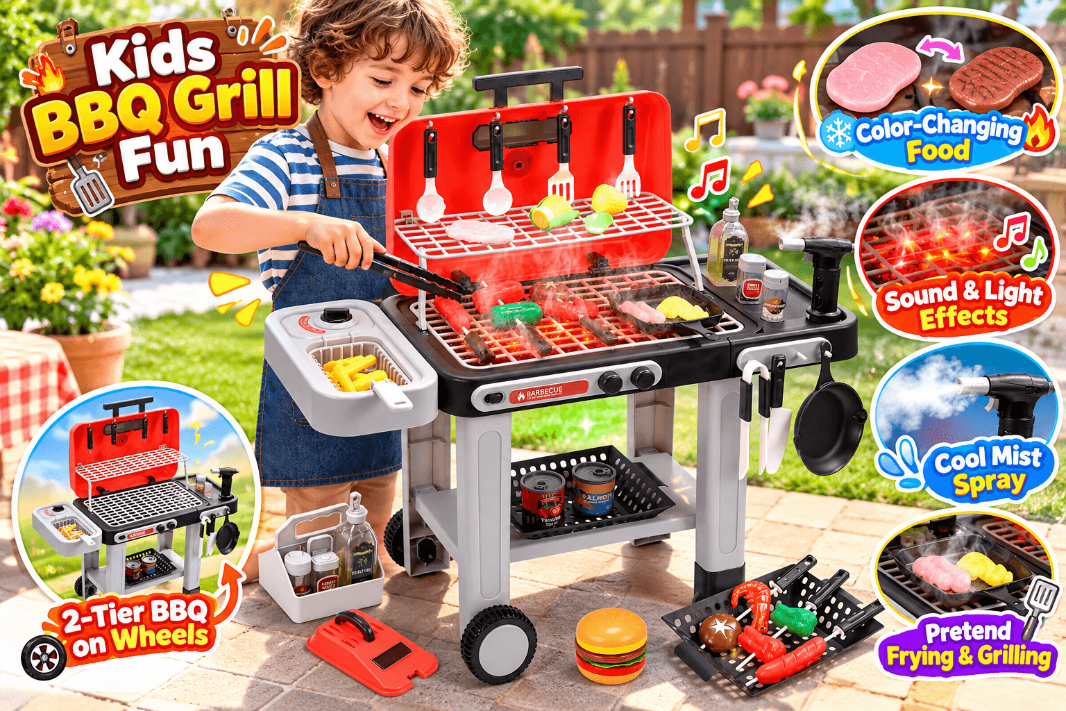 CUTE STONE kids BBQ grill toy shown in a sunny backyard as a smiling child uses tongs for pretend grilling. The two-tier rolling barbecue includes play food, utensils, condiments, and a frying pan, with colorful callouts highlighting âColor-Changing Food,â âSound & Light Effects,â âCool Mist Spray,â and âPretend Frying & Grilling.â