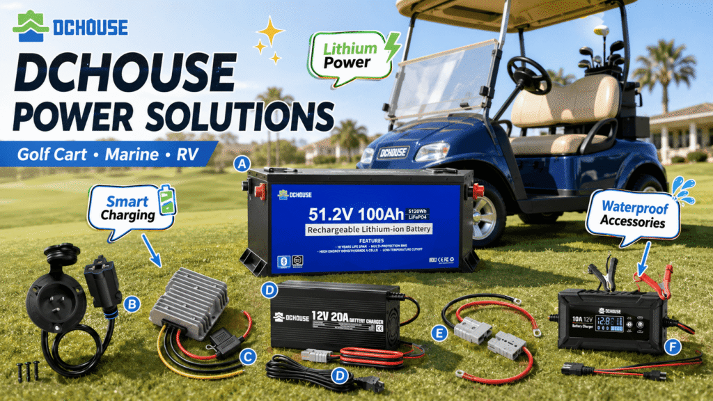 An overview image showcasing various DC HOUSE power solutions for golf carts, marine, and RVs on a grassy lawn with a blue golf cart in the background. The products are labeled A through F, including a lithium battery, shore power inlet, DC-DC converter, and two different battery chargers.
