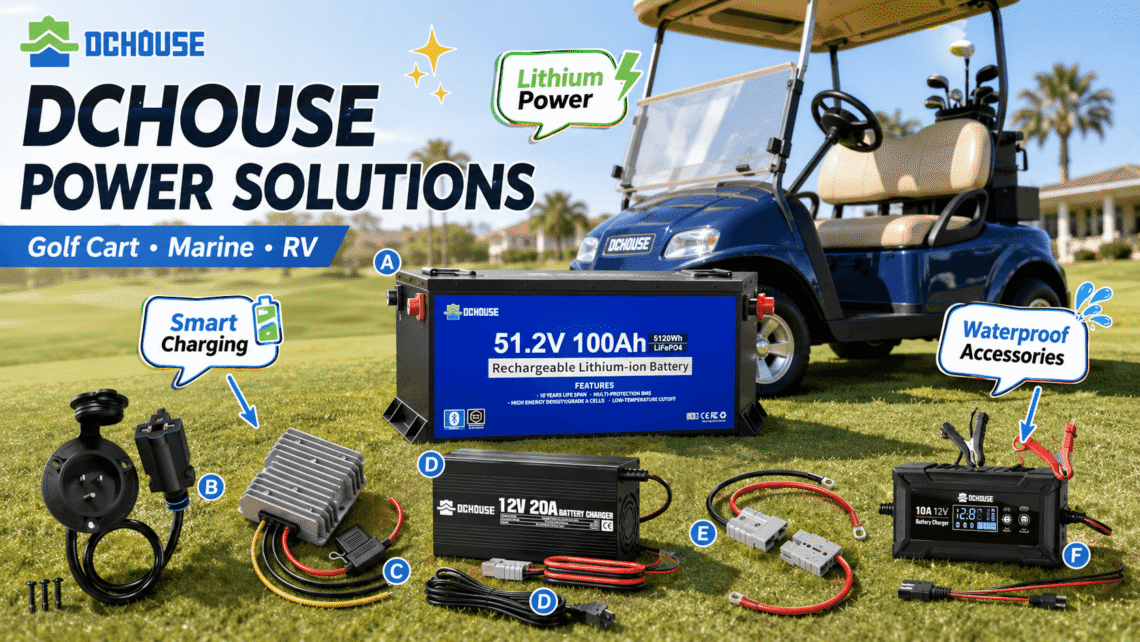 An overview image showcasing various DC HOUSE power solutions for golf carts, marine, and RVs on a grassy lawn with a blue golf cart in the background. The products are labeled A through F, including a lithium battery, shore power inlet, DC-DC converter, and two different battery chargers.