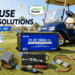 An overview image showcasing various DC HOUSE power solutions for golf carts, marine, and RVs on a grassy lawn with a blue golf cart in the background. The products are labeled A through F, including a lithium battery, shore power inlet, DC-DC converter, and two different battery chargers.