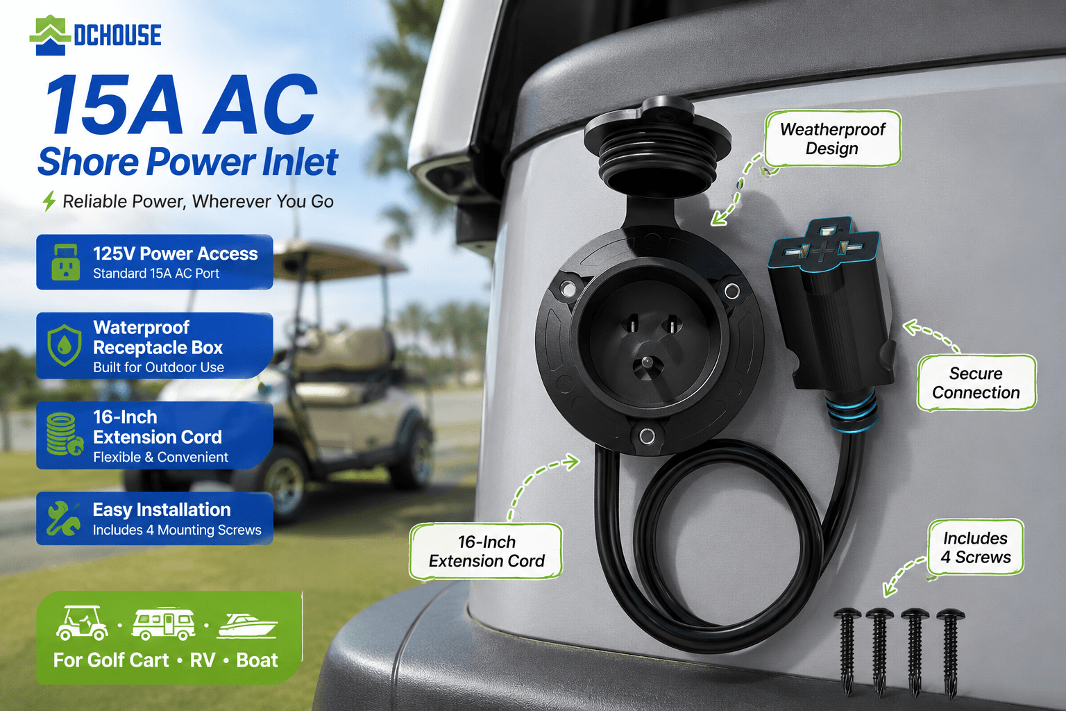 A close-up view of the DC HOUSE 15A AC Shore Power Inlet installed on a vehicle, showing its weatherproof receptacle box with the cover open and a secure plug connection. It features a 125V power access and includes a 16-inch extension cord.