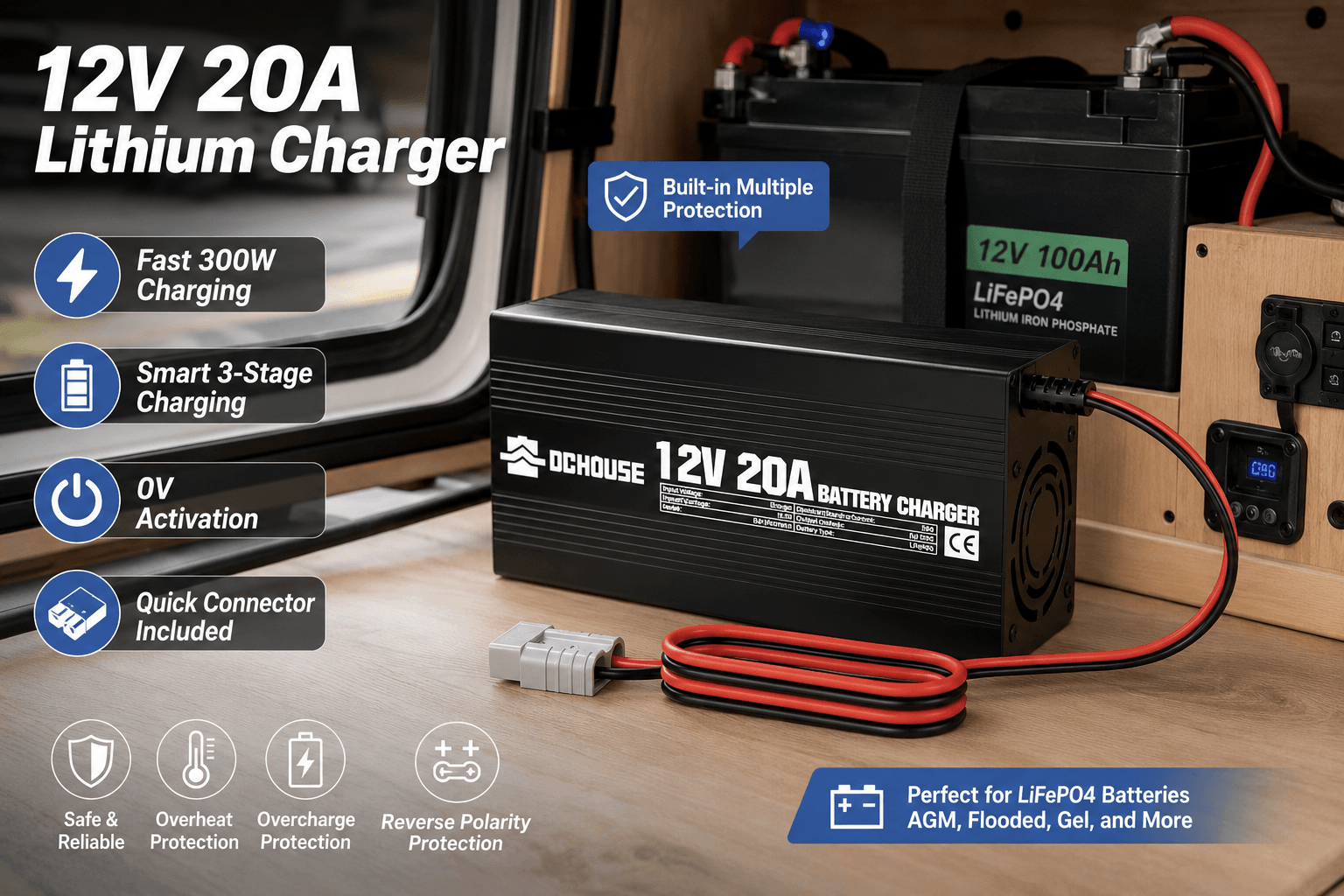 A DC HOUSE 12V 20A Lithium Battery Charger connected to a 12V 100Ah LiFePO4 battery on a wooden surface. The text highlights fast 300W charging, smart 3-stage charging, 0V activation, and built-in multiple protections.